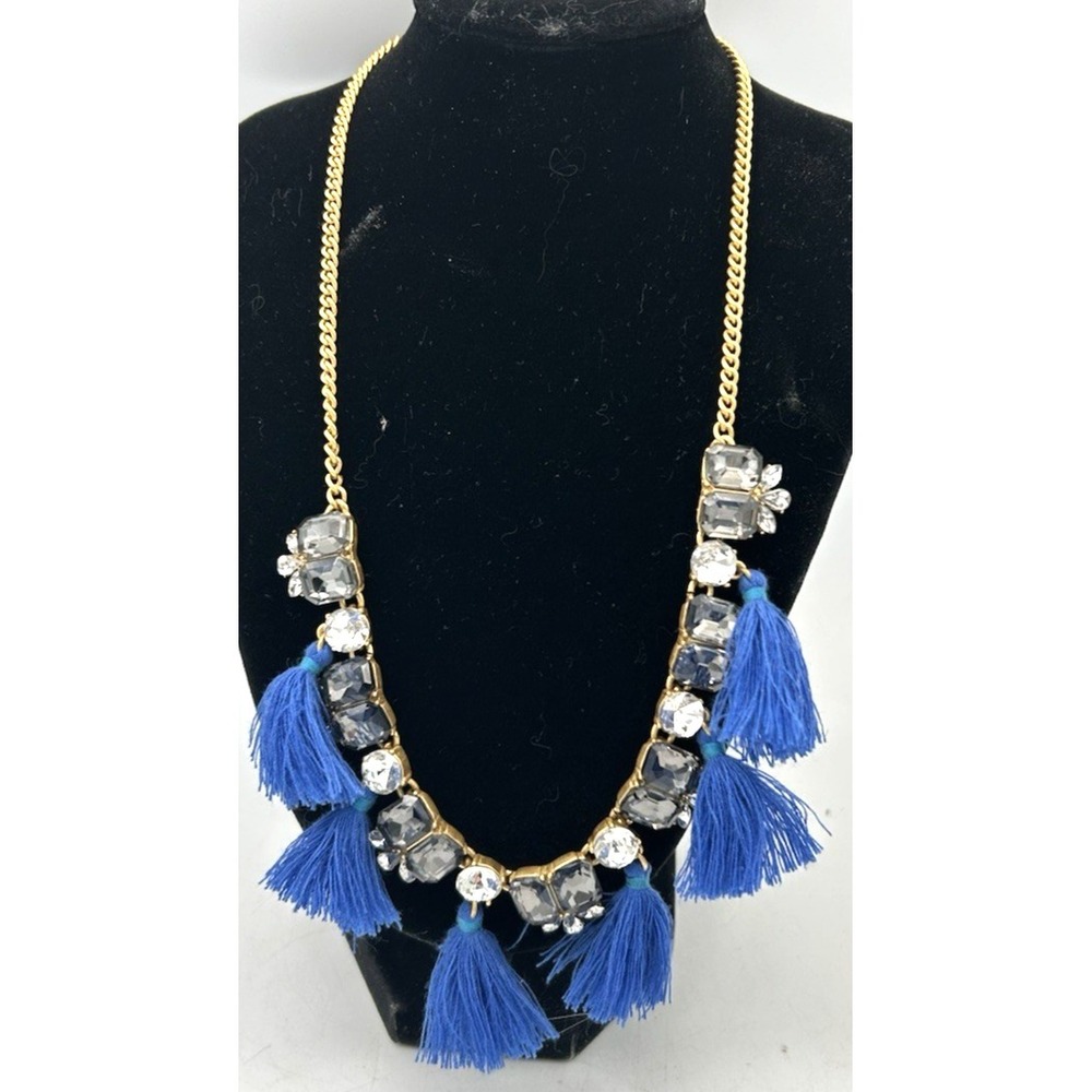 J. Crew Blue Tassel Necklace Crystal Gemstone Gold Tone 18" Adjustable 3"